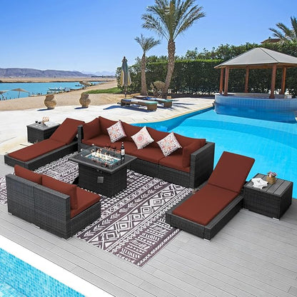 NICESOUL 11 Piece Outdoor Furniture with Fire Pit Propane/Gas, 29.3'' High Back Patio Sectional with Fire Pit & Chaise Lounge, 500 lbs Heavy Duty Large Deep Couches, 2 Color Cushion Burgundy & Gray