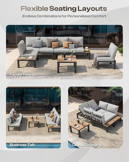 Aluminum Outdoor Patio Sofa Set, 2 Seats Modular Sectional Sofa with Side Table, Thick & Removable Cushions, All-Weather Outdoor Conversation Sets for Garden & Yard, Gray
