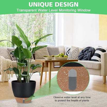 Self Watering Planter Set with Visual Water Level, 6Pack Small Plastic Pot with Drainage Holes and Reservoir Saucers, Modern 8+7+6.5+6+5.5+5 Inch Bottom Watering Flower Pots for Indoor Plant - Black