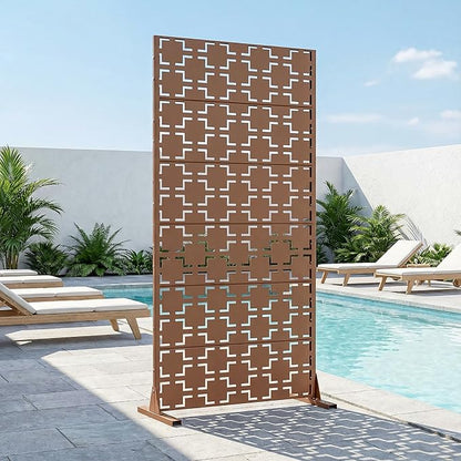 Casaphoria Metal Privacy Screen Outdoor, 72" H x 35" W Freestanding Decorative Privacy Screen for Patio Deck Balcony Garden with Stable Base, Brown-Square