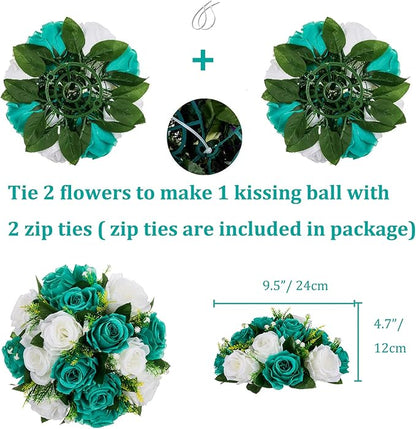Artificial Flower Centerpieces, Teal and White Silk Roses, 3-in-1