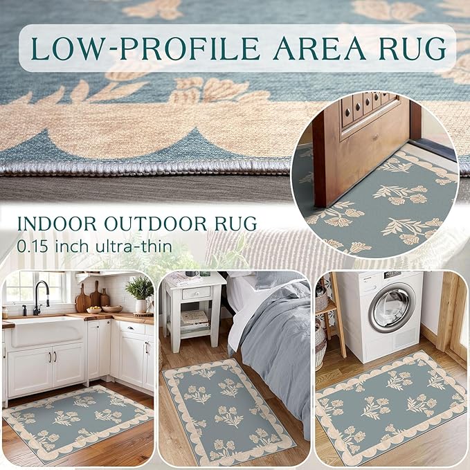 Outdoor Rugs Floral Scalloped Edge Non-Slip Door Mat, Blue 2x3
