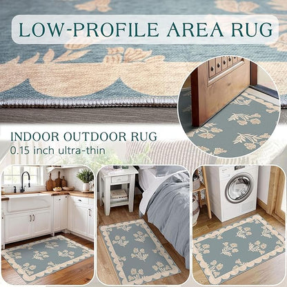 Outdoor Rugs Floral Scalloped Edge Non-Slip Door Mat, Blue 2x3
