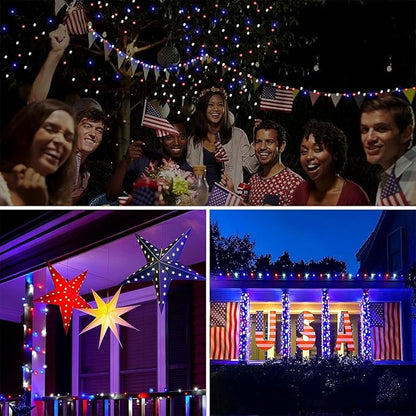 66Ft 200 LED Red White and Blue Fairy Lights Plug in, July 4th Waterproof String Lights 8 Modes with Timer for Indoor and Outdoor, American Flag Twinkle Lights for Independence Day, National Day