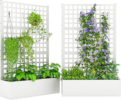 Outsunny Galvanized Raised Garden Bed with Trellis, Metal Planter Box with Drainage Holes, Outdoor Privacy Screen for Climbing Plants, Vegetable, Vines, 43" x 16" x 70", 2 Pack, White