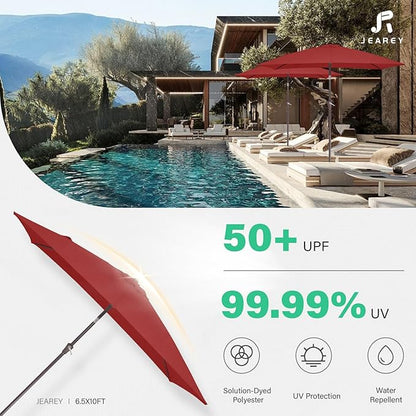 JEAREY 6.5x10 ft Rectangular Patio Umbrellas Rectangle Outdoor Umbrella with Push Button Tilt and Crank, Market Table Umbrella 6 Sturdy Ribs UV Protection for Poolside Garden Backyard Deck, Red