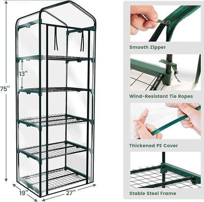 Worth Garden 5 Tier Mini Greenhouse - 75'' H x 27'' L x 19'' W - Sturdy Portable Gardening Shelves with PVC Cover - Small Porch Green House for Growing Plants Flowers Indoor & Outdoor