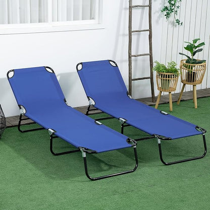 Outsunny 2 Piece Folding Chaise Lounge Pool Chairs, Outdoor Sun Tanning Chairs with 5-Level Reclining Back, Steel Frame for Beach, Yard, Patio, Blue