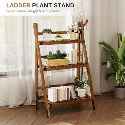 39.4" Bamboo Ladder Shelf Plant Shelf, 3 Tier Foldable Ladder Flower Pot Display Shelf Rack, 23.6"W x 15"D x 39.4"H, Freestanding Bookshelf for Garden, Balcony, Yard, Patio, Lawn, Living Room, Walnut