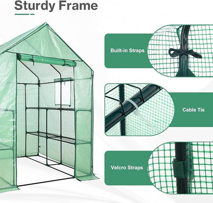 Aoodor Walk-in Greenhouse with 8 Shelves, 4.7 × 4.7 × 6.4 ft Outdoor Garden Plant House with PE Cover for Growing Vegetables, Flowers, Herbs