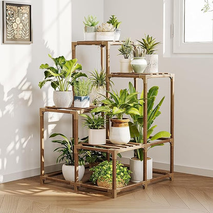 Bamworld Corner Plant Stand Indoor Outdoor Plant Shelf Small Plant Table for Multiple Plants Wooden Plant Holder for Garden Patio Lawn Window Plants Gift,Brown