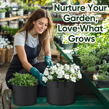 Grow Bags for Potato 5-Gallon: 10 Pack Black 350G Heavy Duty Thickened Fabric Pots with Handles & Labels - Nonwoven Gardening Containers for Growing Plants Vegetable Fruit Tomato Flowers Herbs