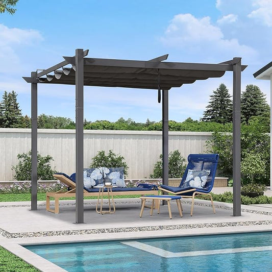 PURPLE LEAF 10' x 10' Aluminum Outdoor Pergola Wind-Resistant Retractable Pergola with Double Sun Shade Canopy Heavy-Duty Metal Pergola for Patios Backyard Deck Garden, Gray