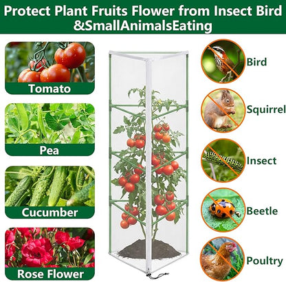 2 Pcs Garden Bird Netting for Triangle Plant Cage, 59" x 20" x 20" Tomato Cage Garden Net Cover with Zipper, Tomato Trellis Insect Bird Barrier Protection Mesh for Vertical Climbing Plant Vegetable