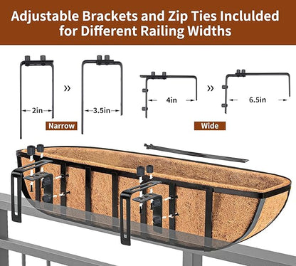 Y&M 2pcs 24 Inch Window Deck with Coco Liner, 24" Window Boxes Horse Trough with Coconut Coir Liner, Black Metal Hanging Flower Planter Window Basket Deck Railing Planter Boxes for Outdoor Indoor