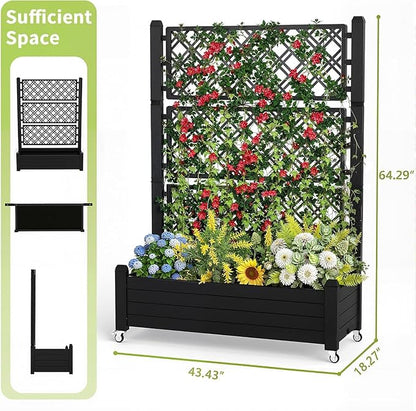 EasyUp Rolling Garden Planter Box with Trellis & Lockable Casters, Outdoor Raised Bed with Drainage & Water Gauge, Durable Resin for Patio, Balcony, Yard, Dust-Proof (Black, 43.43 * 18.27 * 64.29)