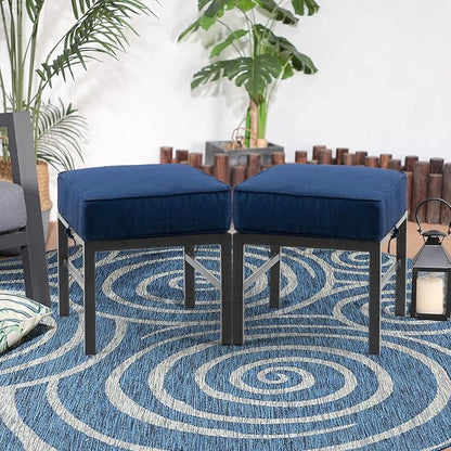 2 Pieces Outdoor Ottomans for Patio, Assembled Patio Ottomans with Bule Cushions, Metal Small Outdoor Footrest for Patio Porch Yard Garden Deck, Gray Frame