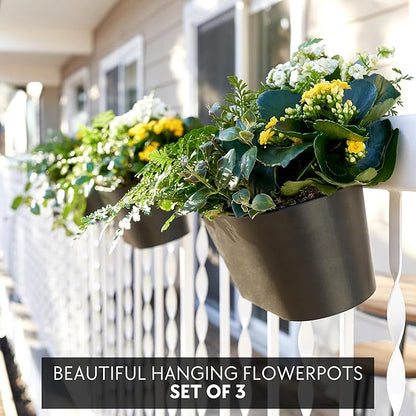 KIBAGA Beautiful Hanging Flower Pots for Outside Railing Or Fence - Stylish Set of 3 Outdoor Planters for Any Balcony, Porch or Deck - Window Planter Boxes are Perfect for Your Flowers