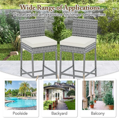 HAPPYGRILL Patio Wicker Barstools Set of 2, Outdoor Bar Height Chair w/Soft Seat Cushion & Cozy Footrest, Heavy-Duty Metal Frame, 400 lbs Max Load, Rattan Armless Bar Chairs