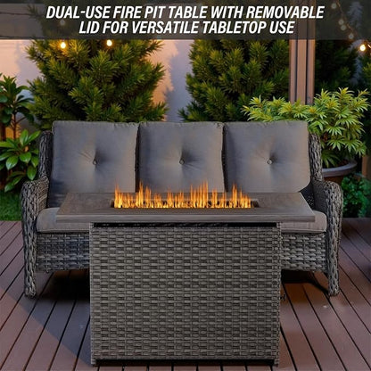 Belord Outdoor Sectional Sofa with 41" Propane Fire Pit Table - 9 Piece Patio Conversation Set with Storage Box and Swivel Rocker Chairs All-Weather PE Wicker Furniture Set Gray