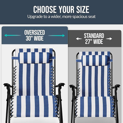 Best Choice Products Set of 2 Extra Wide Adjustable Steel Mesh Zero Gravity Lounge Chair Recliners w/Pillows and Cup Holder Trays - Mediterranean Blue Stripes