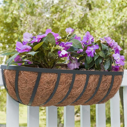 ZeeDix 24 Inch Railing Planter Box, 2 Pack Metal Window Boxes with Coco Liners for Railing, Hanging Flower Boxes for Deck Porch Balcony & Fence Outdoor Indoor Lawn