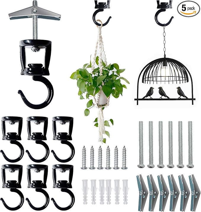 ONIKK Ceiling Hooks for Hanging Plants (6 PCS Black), Heavy Duty Metal Plant Hooks, Screw in Hooks for Hanging Birdfeeders, Lamps, Planters, Indoor Outdoor Wall Baskets Hooks up to 33 lbs