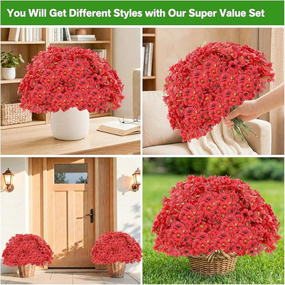 22 Pack Artificial Flowers Outdoor Fake Plants, Faux Flowers UV Resistant with Plastic Plants, Faux Silk Flowers for Outdoors Outside Front Porch Hanging Planter Window Box Garden Decoration(Red)