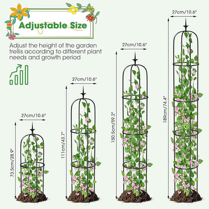 Tower Obelisk Garden Trellis for Climbing Plant，6.2FT/74.4" Rustproof Metal Potted Plant Climbing Support for Indoor Outdoor Flowers Vegetable Fruits Vines Support （1pcs）