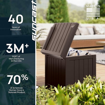 Suncast Outdoor Deck Box - 22 Gallon Java Resin Outdoor Storage Box, Weatherproof Patio Storage Bin Container for Seating & Organizing Cushions, Tools & Towels for Pool, Yard, & Garden