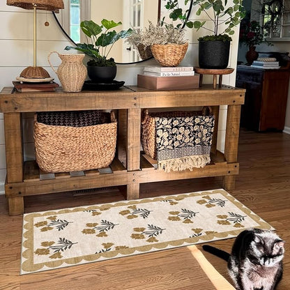 Outdoor Rugs, Beige Floral Scalloped Edge Entryway Mat, 2 x 4.3 ft