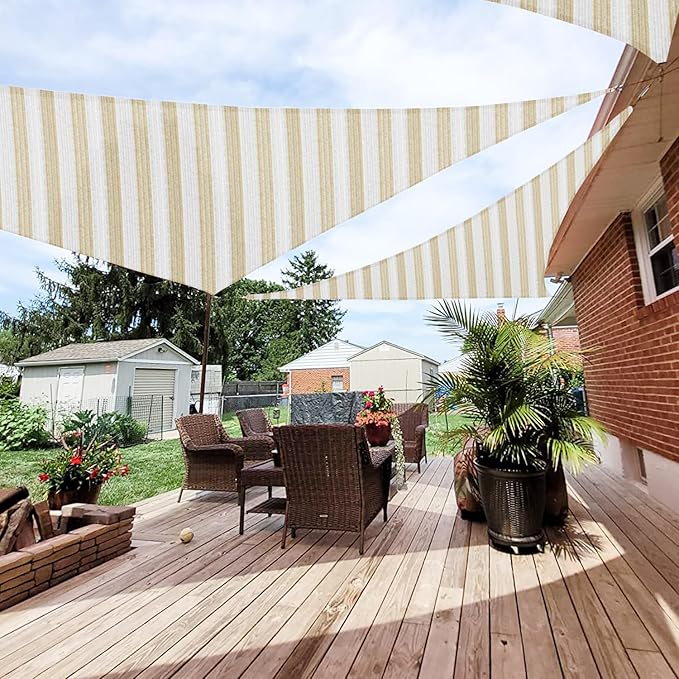 Patio Paradise 22' x 22' x 22' Sun Shade Sail Triangle Canopy Shade Cloth Fabric Sunlight Block Patio Pergola Cover HDPE Deck Awning for Outdoor Backyard Roof Shading, Beige White Strip
