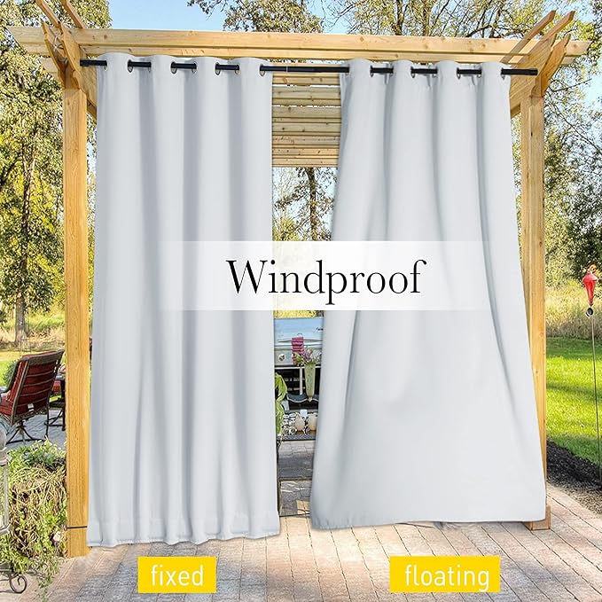 NICETOWN 2 Panels Outdoor Curtains for Patio Waterproof Grommet & Back Tab on Top and Bottom, Windproof Privacy Sound & Light Reducing for Cabana with Fixed Rope, W46 x L72, Greyish White