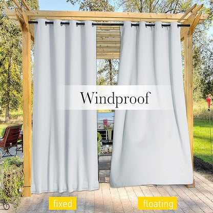 NICETOWN 2 Panels Outdoor Curtains with Grommet & Back Tab on top and Bottom for Patio Waterproof, Windproof Privacy Sound & Light Reducing for Cabana with Fixed Rope, W52 x L72, Greyish White