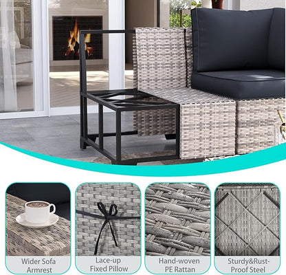 13-Piece Outdoor Patio Furniture Set with 55,000 BTU Fire Pit Table, PE Wicker Rattan Sectional Sofa Patio Conversation Set with Coffee Table, Dark Grey