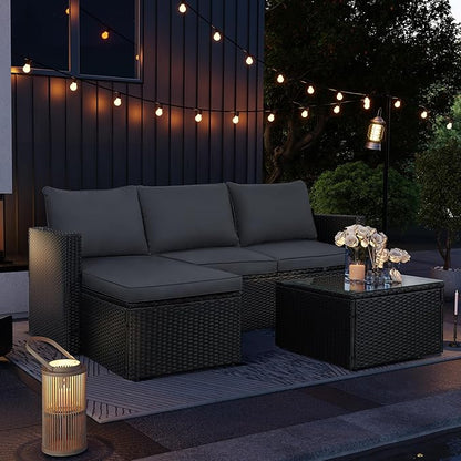 3-Piece Outdoor Patio Sectional Sofa Set with Glass Coffee Table & Ottoman — All-Weather PE Rattan Conversation Furniture, Black Rattan & Grey Cushions, Perfect for Garden, Backyard, Deck, Grey