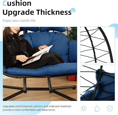Double Egg Chair with Stand Hammock Swing Chair Foldable Hanging Loveseat, UV Resistant Removable Cushions, 700LBS Capacity for Bedroom, Balcony, Garden(BK-BL)