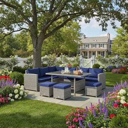 Tangkula 7 Pieces Patio Furniture Set, Outdoor Sectional Rattan Dining Sofa Set with Cushions, All Weather Wicker Conversation Couch Set with Dining Table & Ottomans for Yard Garden Poolside, Navy