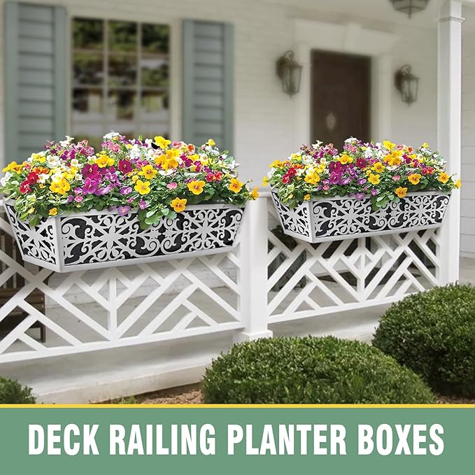 2 Pack 30 Inch Window Boxes Planter for Outdoor Plants Deck Railing Planters Box with Adjustable Brackets for Porch Fence Balcony Hanging Flower Baskets with Non-Woven Fabric Liner for Garden Décor