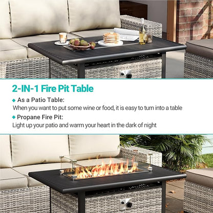 16-Piece Outdoor Patio Furniture Set with Rocking Swivel Chair, PE Wicker Rattan Sectional Sofa Patio Conversation Set with 55,000 BTU Fire Pit Table & Coffee Table, White