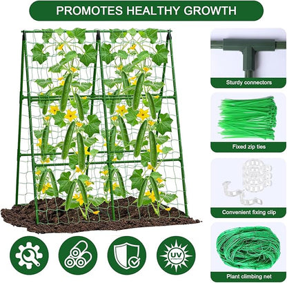 2-Pack A-Frame Cucumber Trellis for Raised Bed - 33"x47" Foldable Garden Trellis with Net & Clips|Space-Saving Metal Plant Support for Cucumber, Tomato, Peas|Rust-Proof Outdoor Climbing Plants Trellis