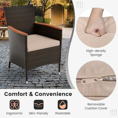 Tangkula 11 Piece Rattan Outdoor Dining Set with 15Ft Patio Umbrella for 8, Outdoor Wicker Table Set with 8 Cushioned Armchairs, Acacia Wood Top, Outdoor Umbrella with Base Included