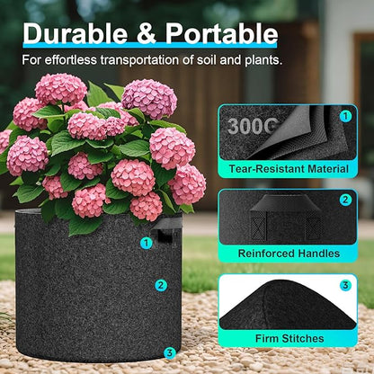 Land Guard 4-Pack Fabric Grow Bags 5 Gallon, Thickened Nonwoven Garden Pots, Growing Bags with Handles, Black