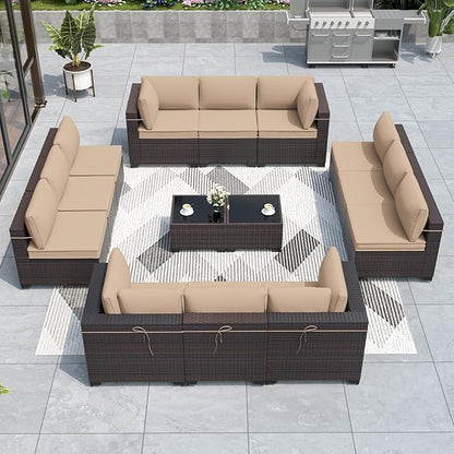 ALAULM Patio Furniture Set with Coffee Table, 14 Pieces Outdoor Sectional with Wide Seat and Thick Cushion, All Weather Wicker Rattan Conversation Set for Backyard, Garden, Deck, Sand