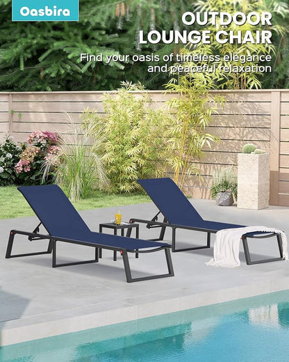 Aluminum Chaise Lounge Chair Outdoor, Foldable & Assembly Free Patio Pool Lounge Chairs 5-Position Recliner for Outside Poolside, Fully Grounded Legs Sun Lounger for Beach, Yard, Navy Blue