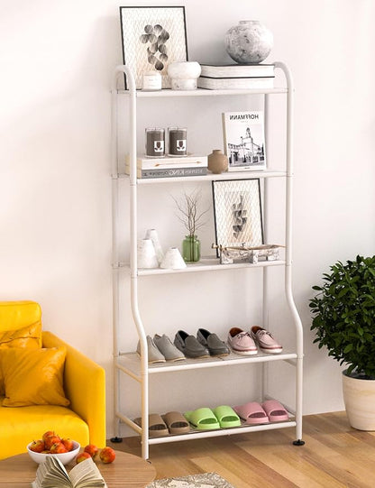5-Tier Metal Plant Stand Indoor Outdoor, Waterproof Flower Stand for Multiple Pots, Heavy Duty Plant Stands for Living Room Patio Garden Decor, Tall Plant Shelf with Leveling Feet, White