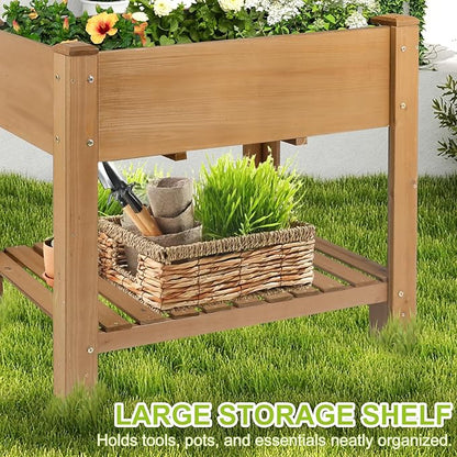 Raised Garden Bed with Legs - Elevated Wooden Planter Box, Durable Fir Wood, Reinforced Frame with Drainage Holes, Liner, and Storage Shelf for Vegetables, Herbs, Flowers, 33.5" x 18" x 30"