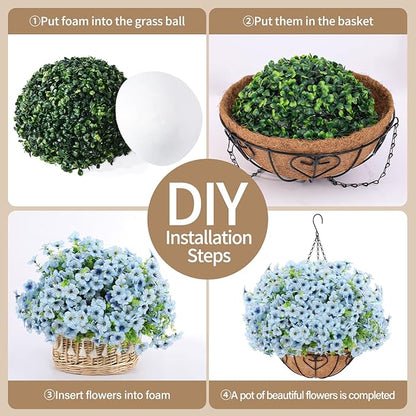 Artificial Hanging Flower for Outdoors, Fake Hanging Basket for Outside,1 Hanging Basket with 13 Pcs Faux Silk Flowers for Porch, Balcony and Patio Decor(Blue)