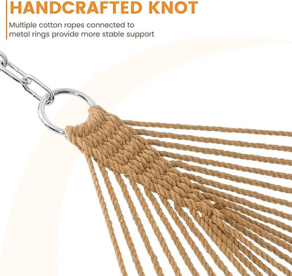 Lazy Daze Hammocks Double Rope Hammock, 2 Person Traditional Outdoor Hand Woven Cotton Rope Hammock with Spreader Bar, Carabiners, Tree Straps, Chains for Patio Yard - Max 450 Lbs, Tan