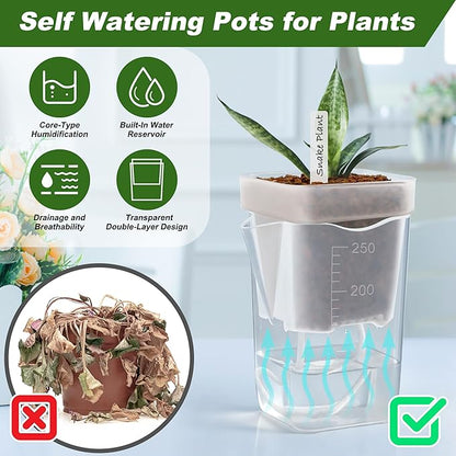 12 Pack Self Watering Pots Set for Indoor Plants, 2.5" Small Clear Self Watering Planters with Watering Holes Plastic Flower Pot with 12 Labels, 12 Ropes
